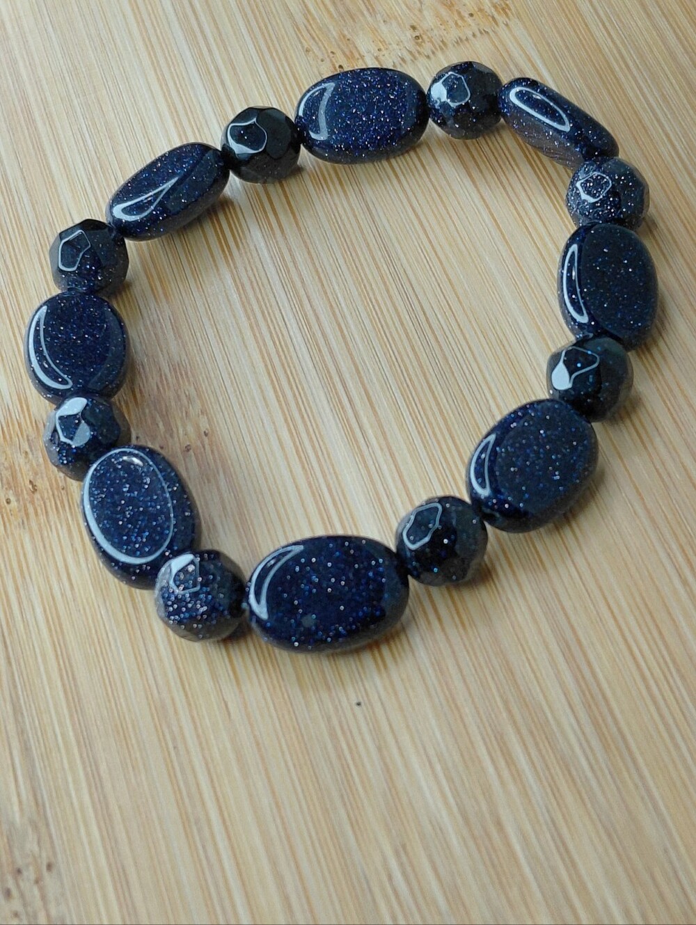 Hand Made Blue Goldstone Beaded Stretch Bracelet About 6.25 Inches